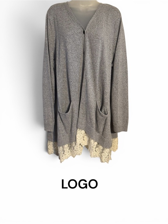 LOGO by Lori Goldstein Sweaters - LOGO Gray Button Front Cardigan with Cream Lace Trim Linen Blend